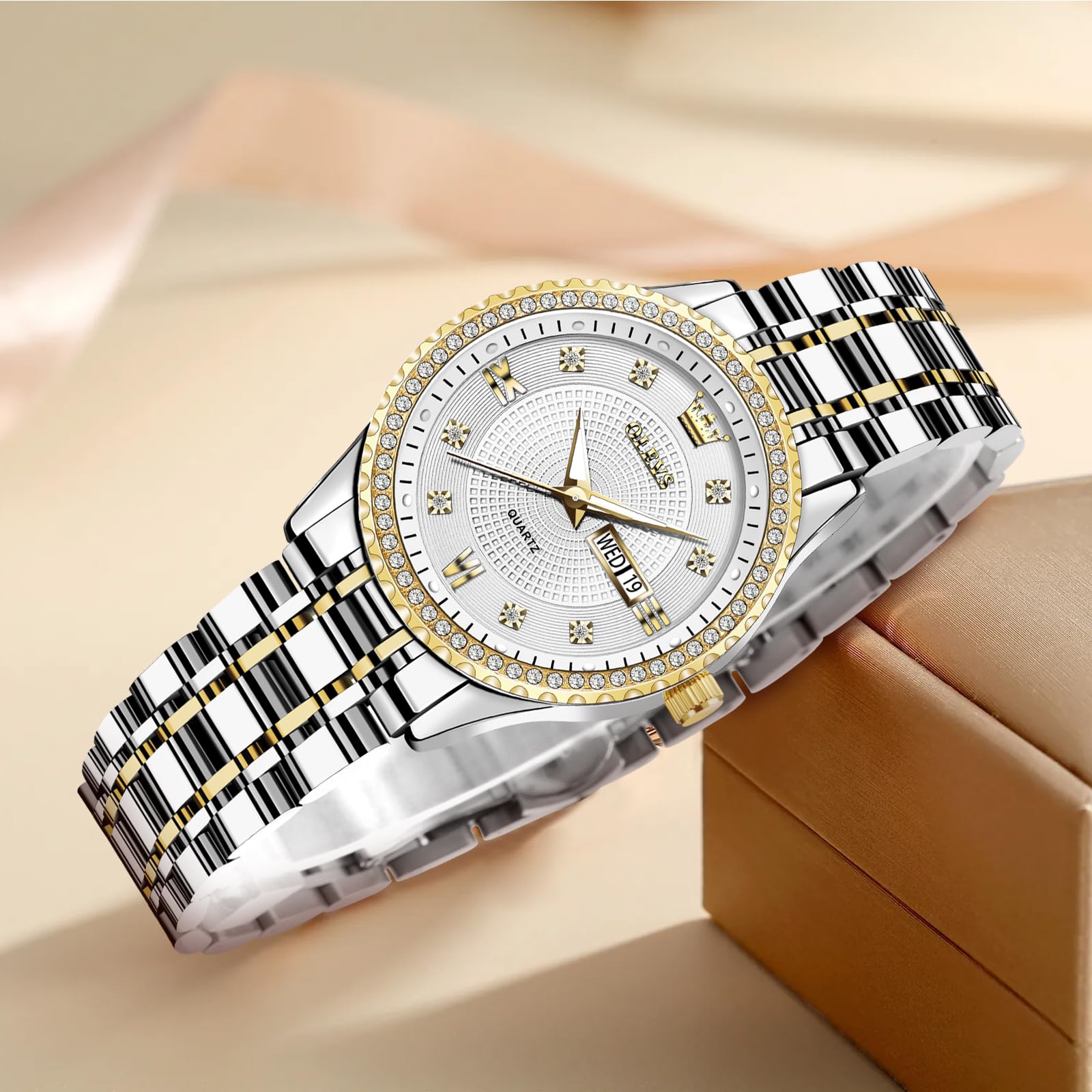 OLEVS Womens Watches Small Face Ladies Watches for Women with Day Date Diamond Silver Gold Two Tone Stainless Steel Waterproof Analog Reloj para Mujer Classic Fashion Dress Quartz Womens Wrist Watch