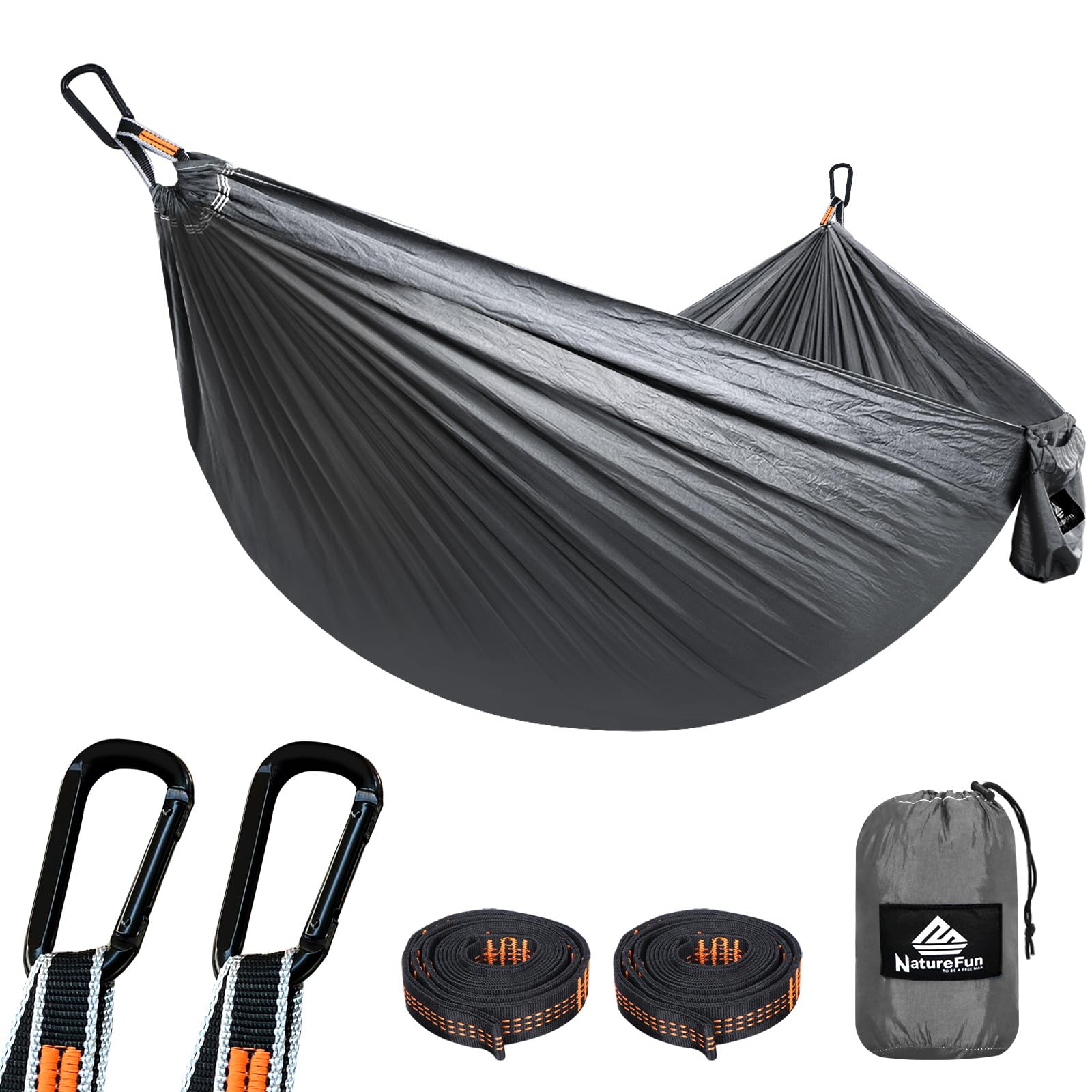 NATUREFUN Ultra-Light Travel Camping Hammock | 300kg Load Capacity,(275 x 140 cm) Breathable,Quick-drying Parachute Nylon | 2 x Premium Carabiners,2 x Nylon Slings Included | Outdoor Indoor Garden