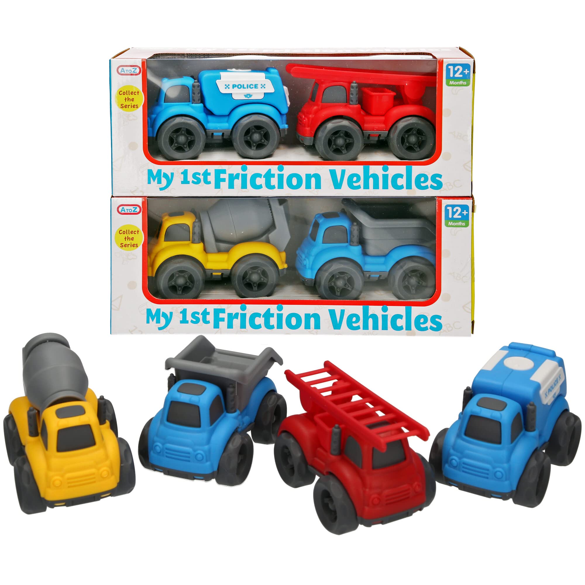 Atoz My 1st Friction Vehicles Set, Police Car, Fire Truck, Dump Truck, Cement Mixer, 12+ Months