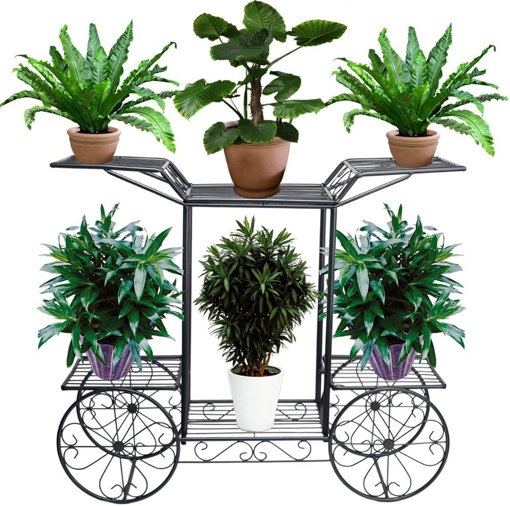 White, 4-Wheeler Metal Flower Rack Display Plant Stand with 6 Pots Holder Home&Garden