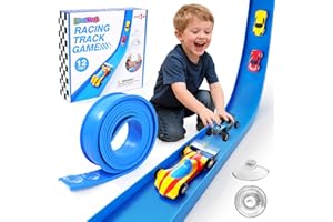 LEMOSTAAR Flex Track 12 Ft Starter Set: Portable Rolls Up Race Tracks for Kids 3+ - DIY Race Car Ramp Track with Suction Cups - Flexible Race Track Compatible with Diecast 1/64th Cars - Birthday Gift for Boys