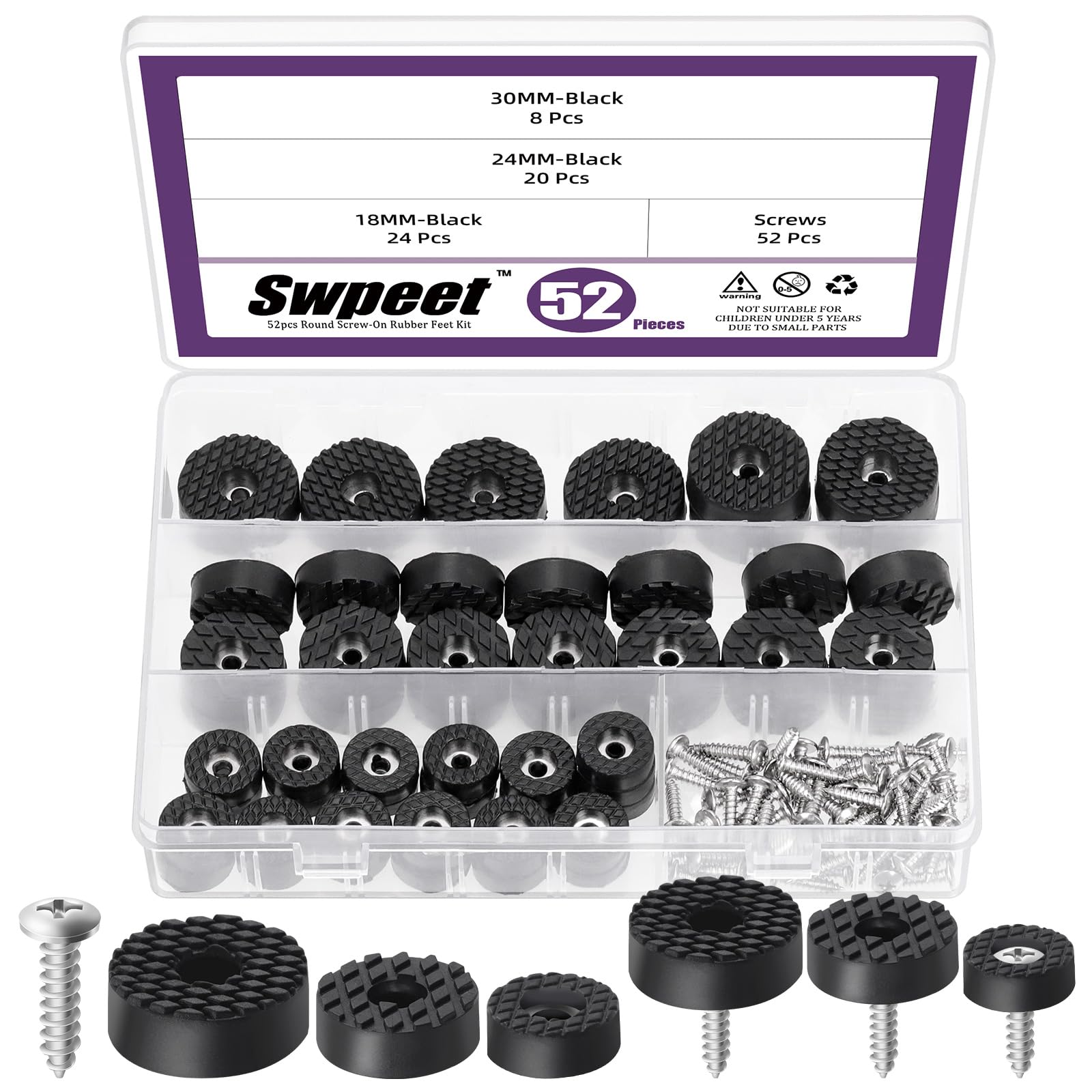 Swpeet 52 Sets 3 Sizes 18mm & 24mm & 30mm Round Black Furniture Pads with Screws, Heavy Duty Rubber Non Slip Non Skid Furniture Feet Rubber Bumpers Pads for Table Desk Chair to Protect Hardwood