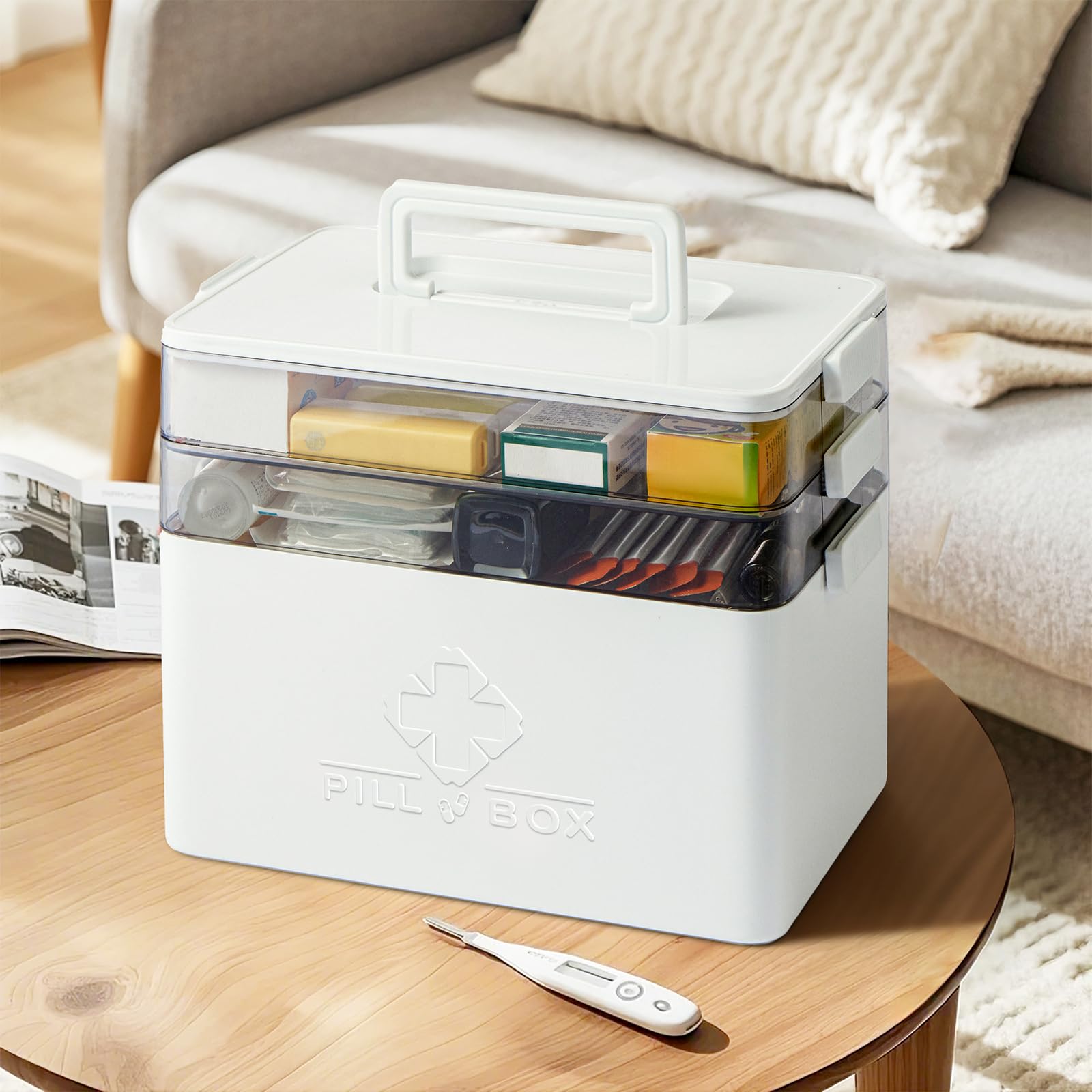 Photo 1 of 3 Tier Medicine Storage Box - Portable Medicine Storage Box Travel essential with a Handle First Aid Kit Storage with Shading Design and Moisture-Proof
