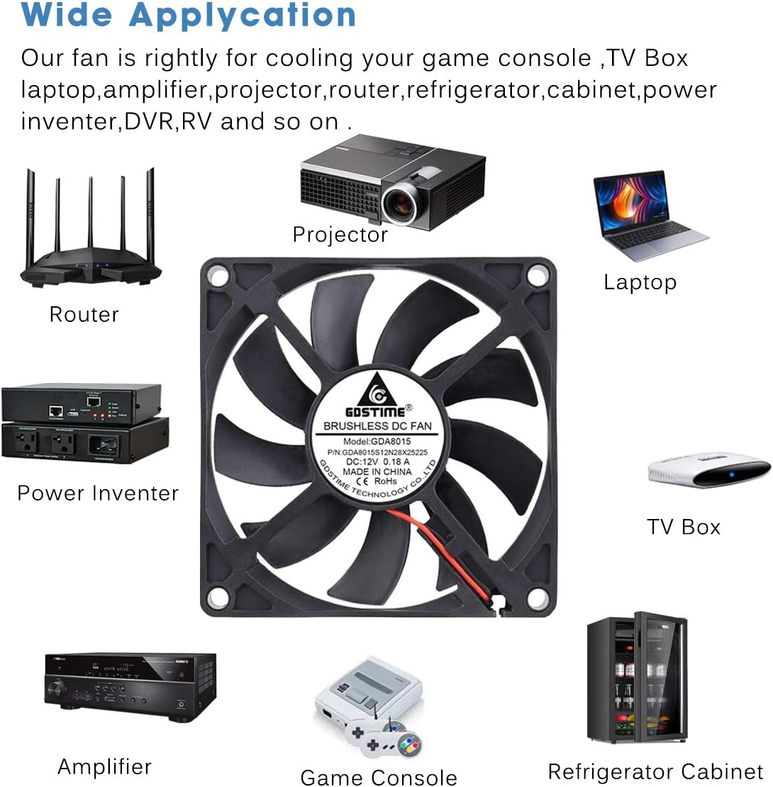 GDSTIME 12V 80mm Fan 80 x 15mm PC Cooling Fan 2Pin 8CM Small Case Cooler 2800 RPM Axial Cooling For Router Game Console Cabinet DVR Exhaust Ventilation Replacement - Image 4
