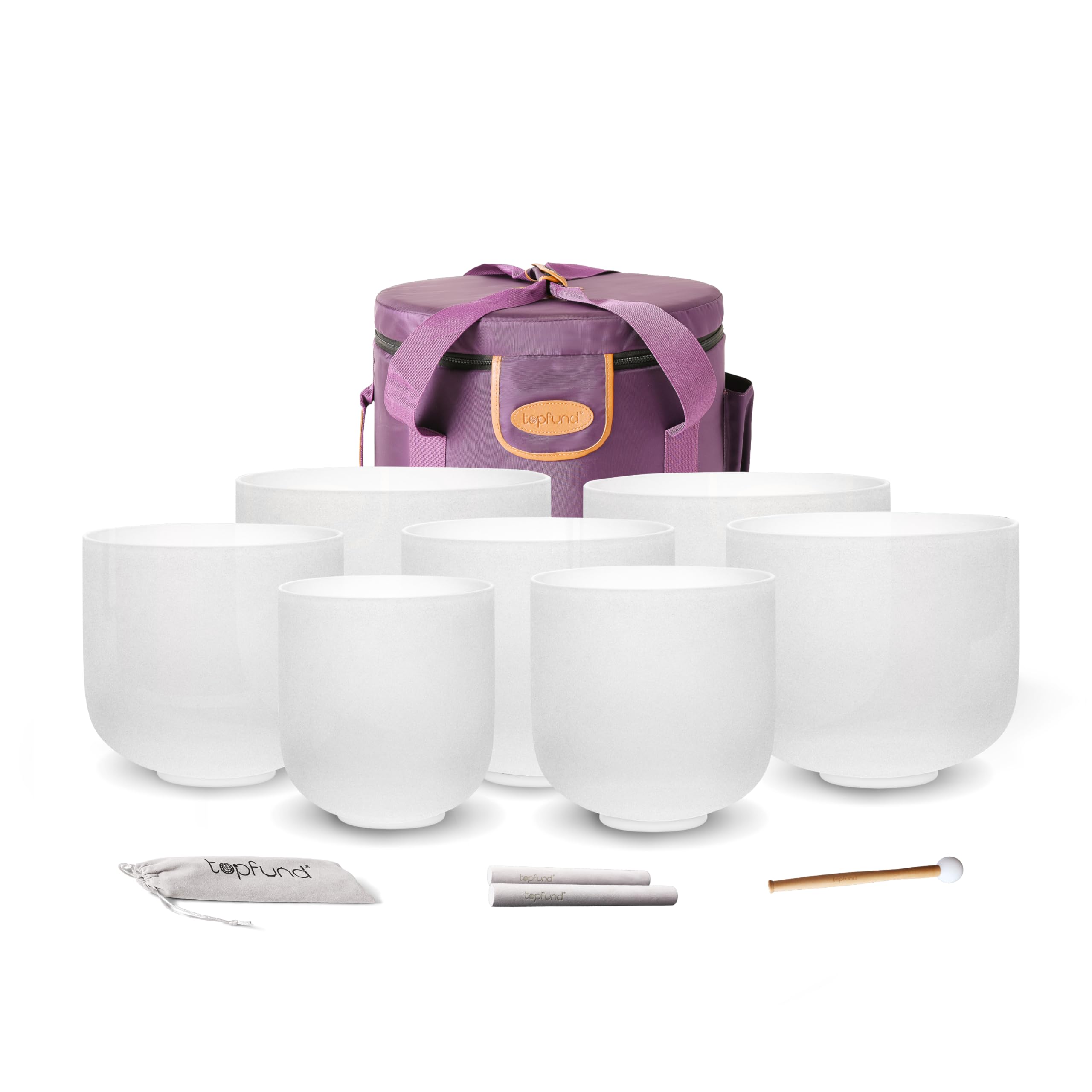 TOPFUND 6-12 inch 432Hz Chakra Set of 7 Crystal Singing Bowls with Heavy Duty Carrying Case and Singing Bowl Mallets Image