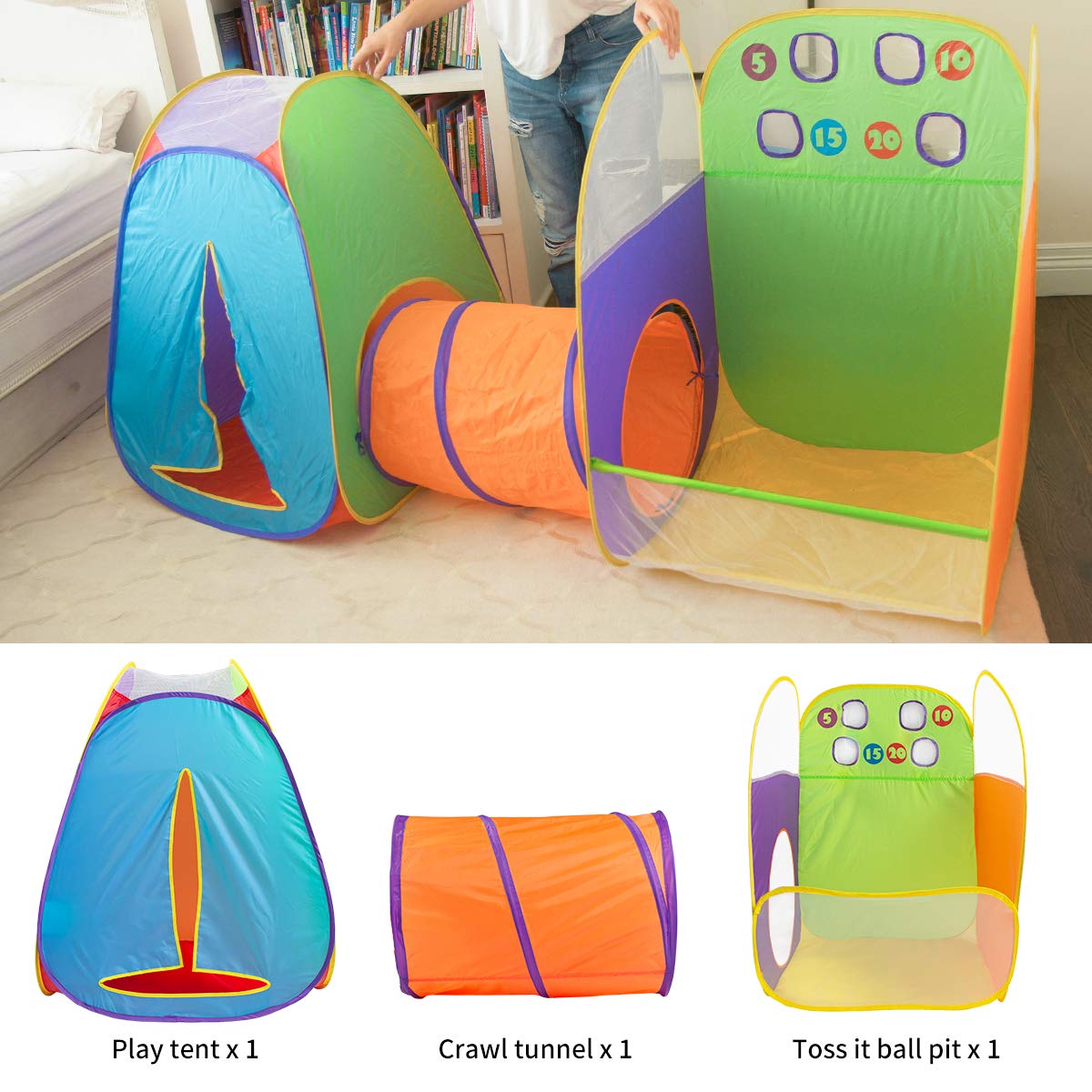 Kids Tent Play Tents Fun Toss It Game Zone 3-in-1 Pop Up Tent Play Tunnel Indoor Outdoor Tents Great Game & Toy Gift for Children (Include 4 Balls)