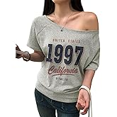 Weetiotio Off The Shoulder Tops for Women California Graphic Tees 90s Vintage One Shoulder Top Trendy Summer Loose Tshirts