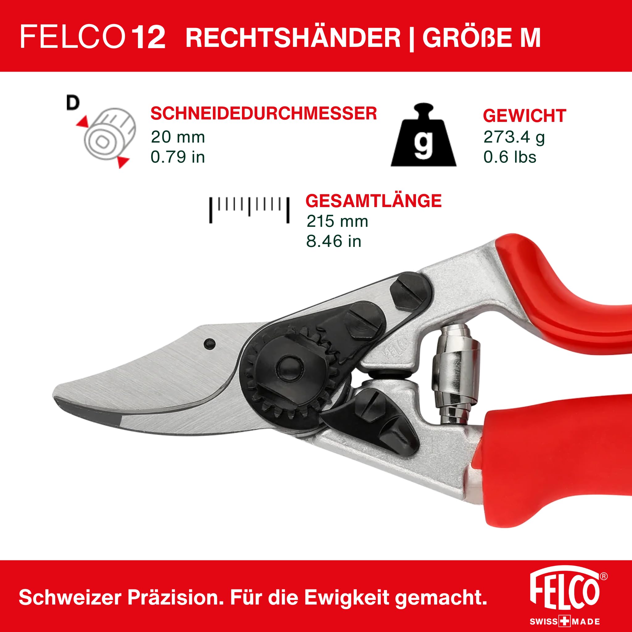 FELCO 12 Bypass-Gartenschere mit Rollgriff für Rechtshänder, ergonomisch für mittlere Hände, 42 mm Klinge, 20 mm Schnittdurchmesser, abgewinkelter Kopf, Stoßdämpfer, Swiss Made 2