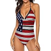 Sanghing American Flag Women's One Piece Swimsuit Women Bikini High Waisted Monokini Tummy Control V Neck Bathing Suit