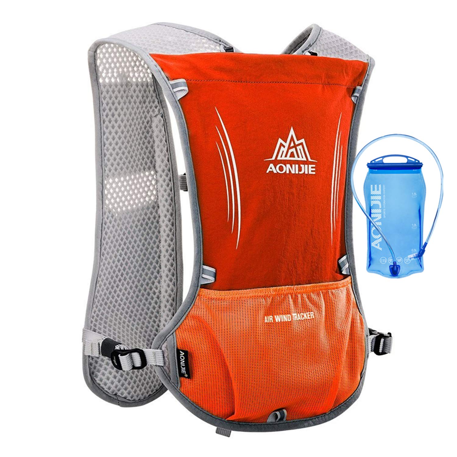 5L Lightweight Running Backpack Outdoor Sports Trail Racing Marathon Hiking Fitness Bag Hydration Vest Pack for Men Women with 1.5L Bag or 500ml Kettle (Orange with 1.5L water bladder, One Size)