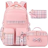 BEFUNIRISE Girls Backpack Set,17 inch School Backpacks Cute Book Bag with Lunch Box for Teen Kid Elementary Middle High School(3PCS Pink, Large)