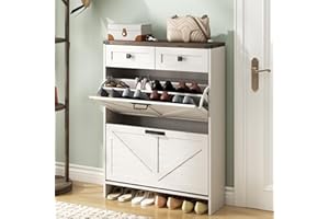 BonVache Farmhouse Shoe Storage Cabinet for Entryway, Freestanding Narrow Shoe Organizer Cabinet with Flip Drawers & 2 Drawer