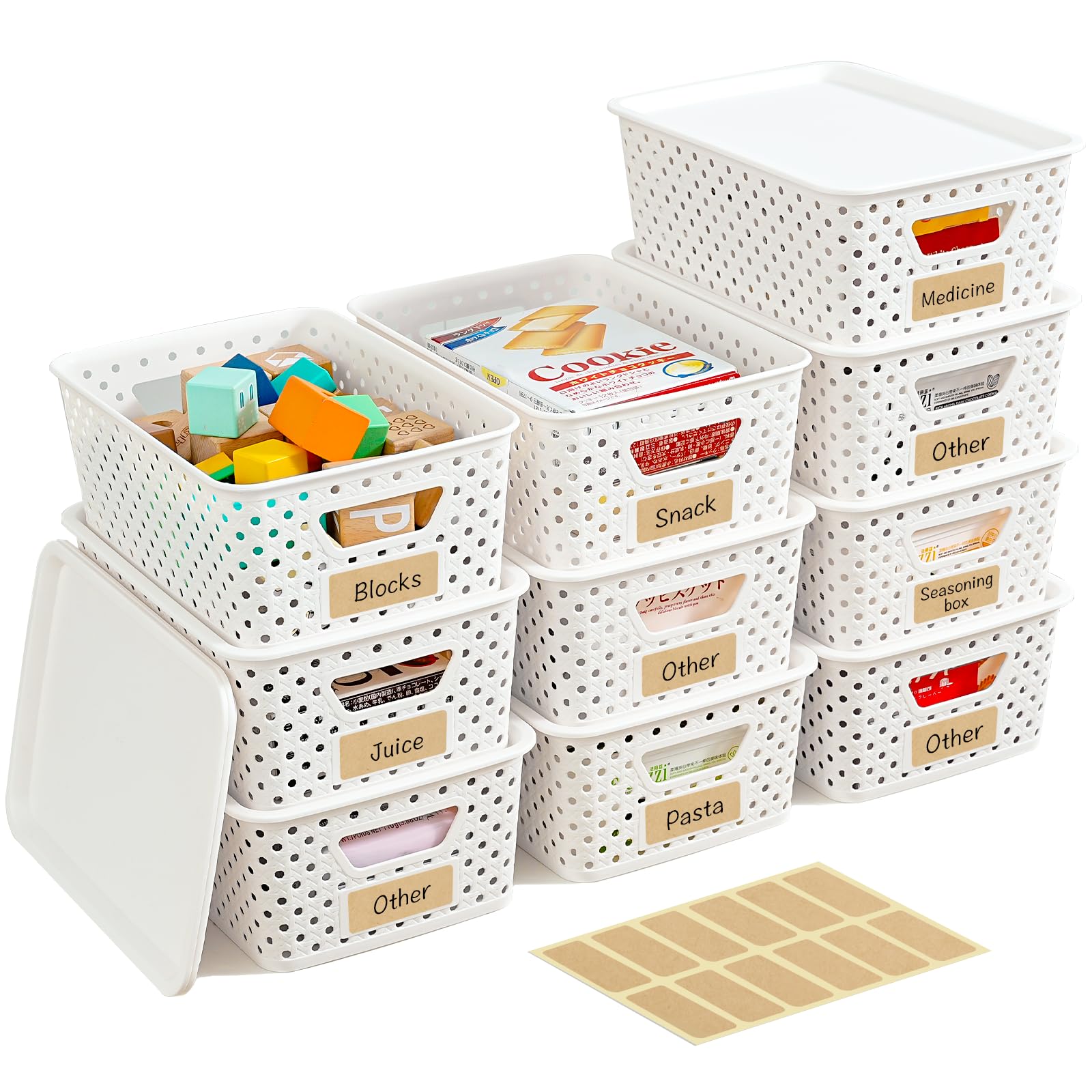 Photo 1 of 10 Pack Plastic Storage Bins with Lids, Stackable Plastic Storage Baskets for Shelves Organizing with Handles, Organizer Bins with Labels for Room, Craft, Containers for Pantry Organizers and Storage