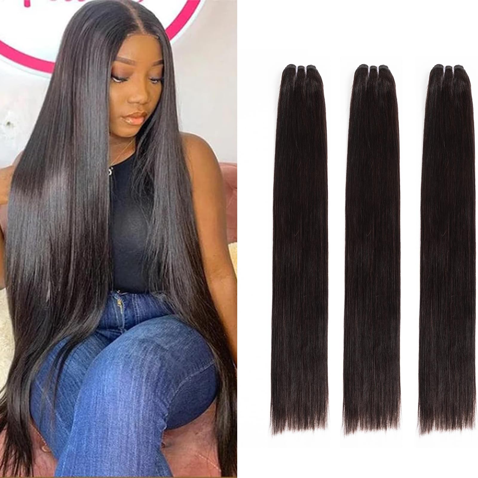 Qiyazai 16 18 20 Inch Human Hair Bundles Straight, 3 Bundles, 100% Unprocessed Brazilian Raw Virgin Hair, Sew-In Installation, Black