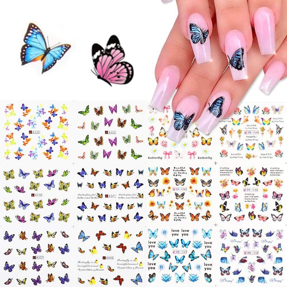 Butterfly Nail Art Stickers Butterfly Nail Decals Water Transfer Decals Holographic Butterfly Nail Art Manicure Transfer Tips Nail Art for Women Charming Beauty Decorations 12 Design