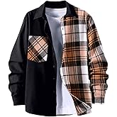 OYOANGLE Men's Colorblock Plaid Print Button Down Long Sleeve Pocket Collared Shirts Top