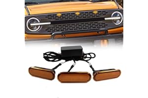 JINCHEN 3pcs Front LED Grill Lights Fit for Bronco 2021 2022 2023 2024 2/4-Door Badlands Wildtrak & Everglades, Amber Grill Lamps Front Grille Light with Fuse & Wiring Harness