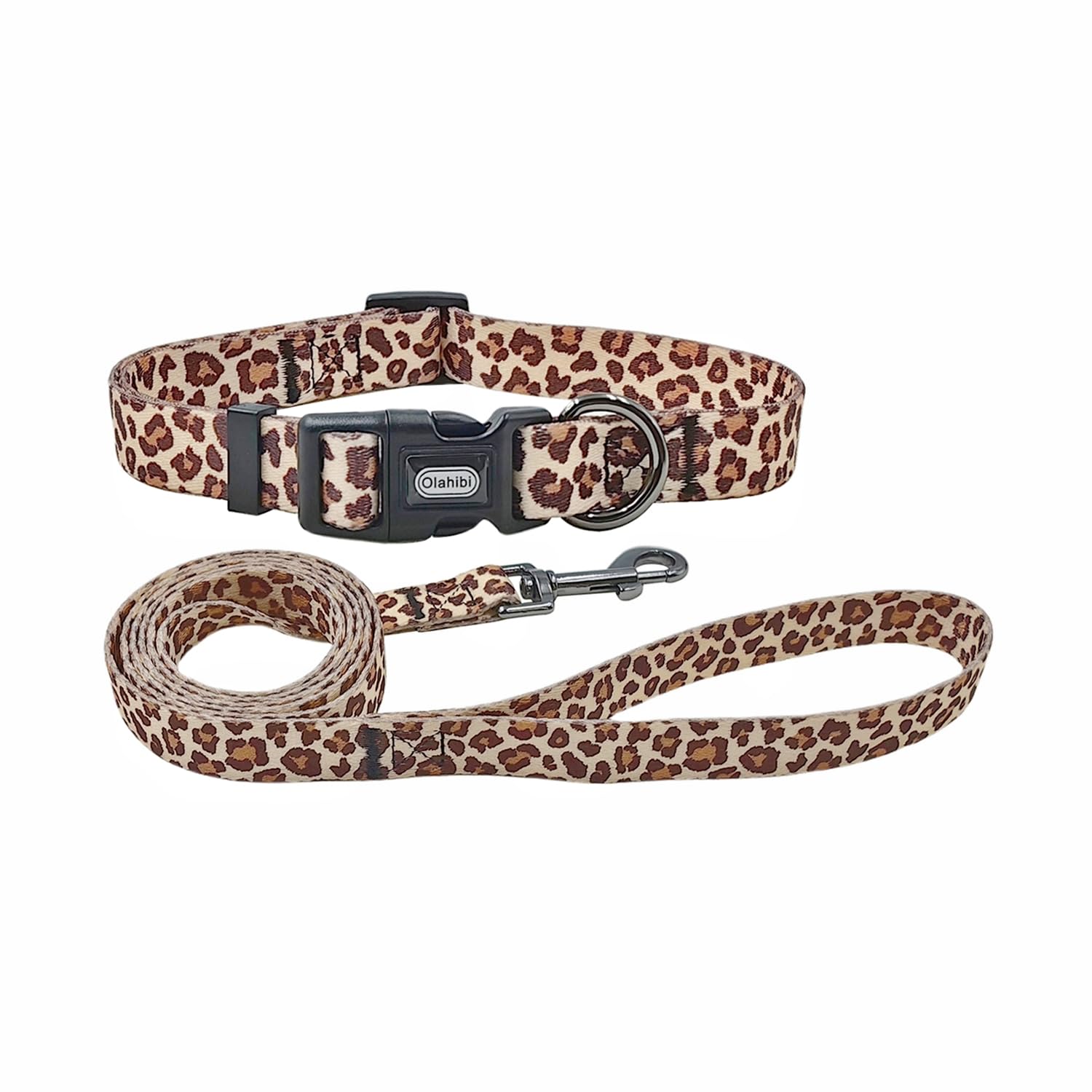 Olahibi Dog Collar and Leash Combo Set, Leopard Pattern, Polyester Material, 150CM Matching Leash, for Medium Dogs.(M, Light Coffee Leopard)