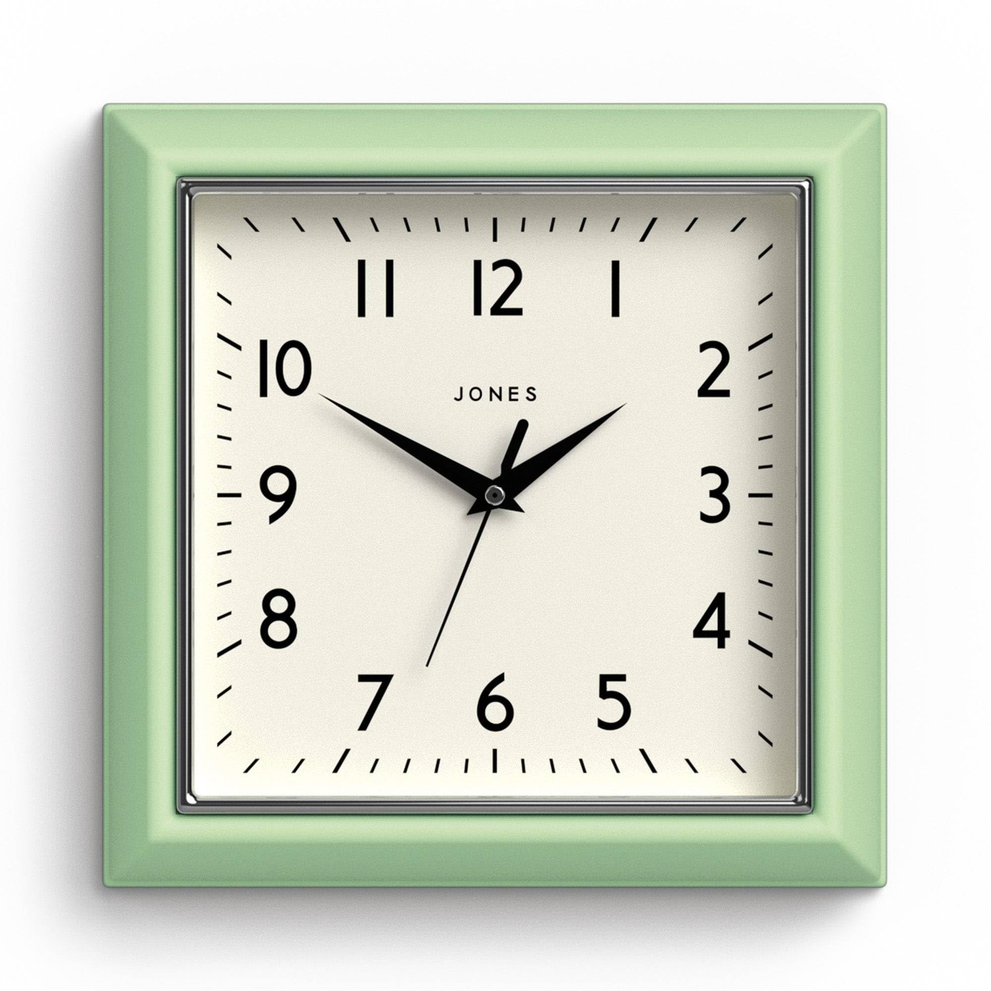 Jones Clocks® Mustard wall clock | Square retro clock | 25cm | Neo mint green | Easy to read numbers | Perfect for kitchen or office