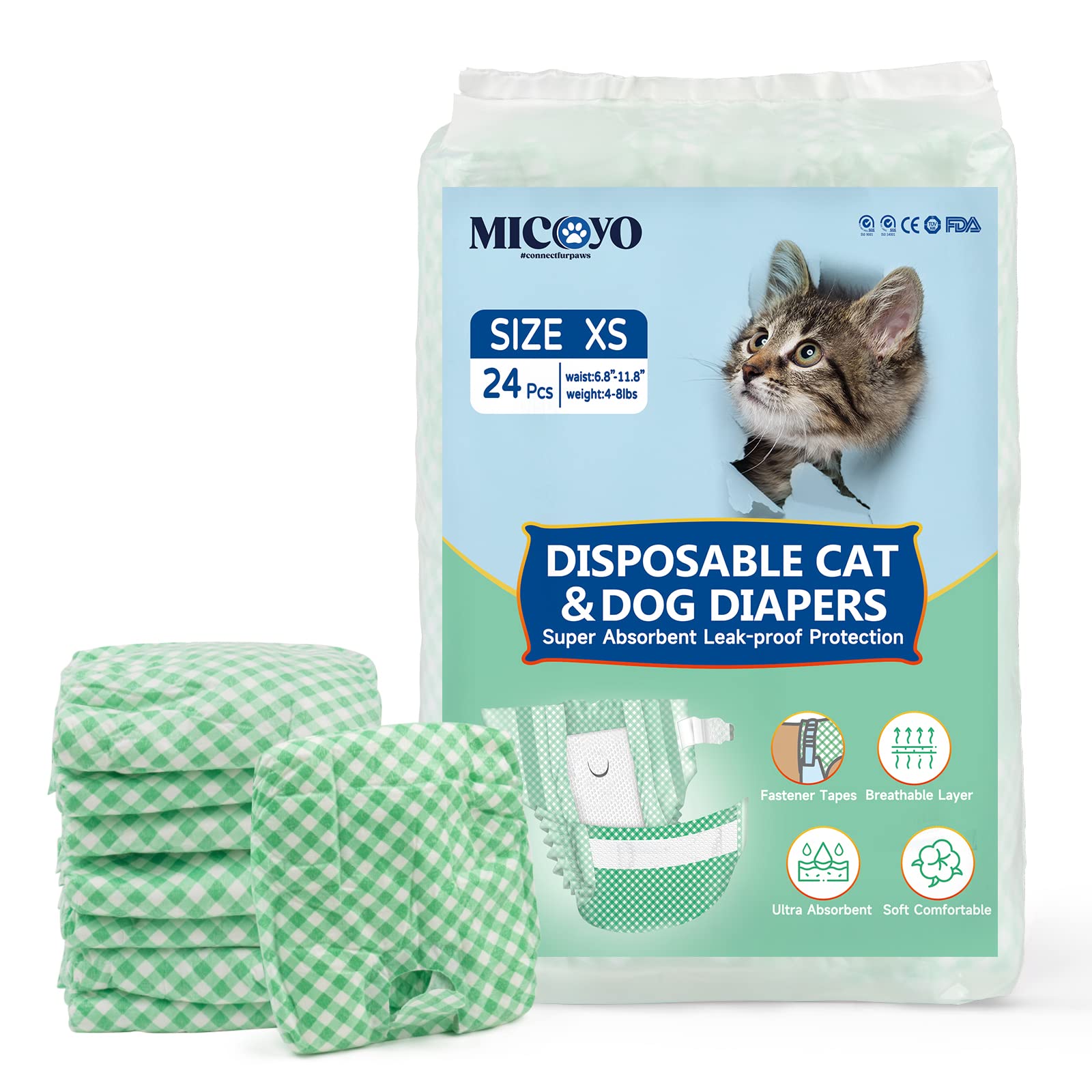 MICOOYO Puppy Cat Nappies Disposable, Super Absorbent Cat Diapers, Small Dog Nappies Female, Adjustable Waist, Leak-Proof Diapers for Cats in Heat, Incontinence,24 Pcs (Green, XS)