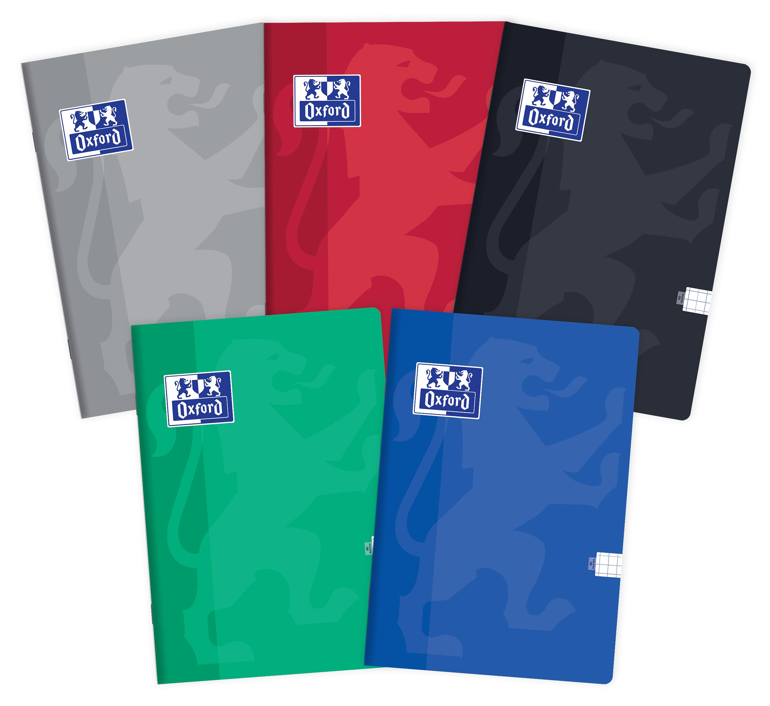 Oxford Exercise Book A5, 60 Sheets, Squared, Pack of 5, Assorted Colours