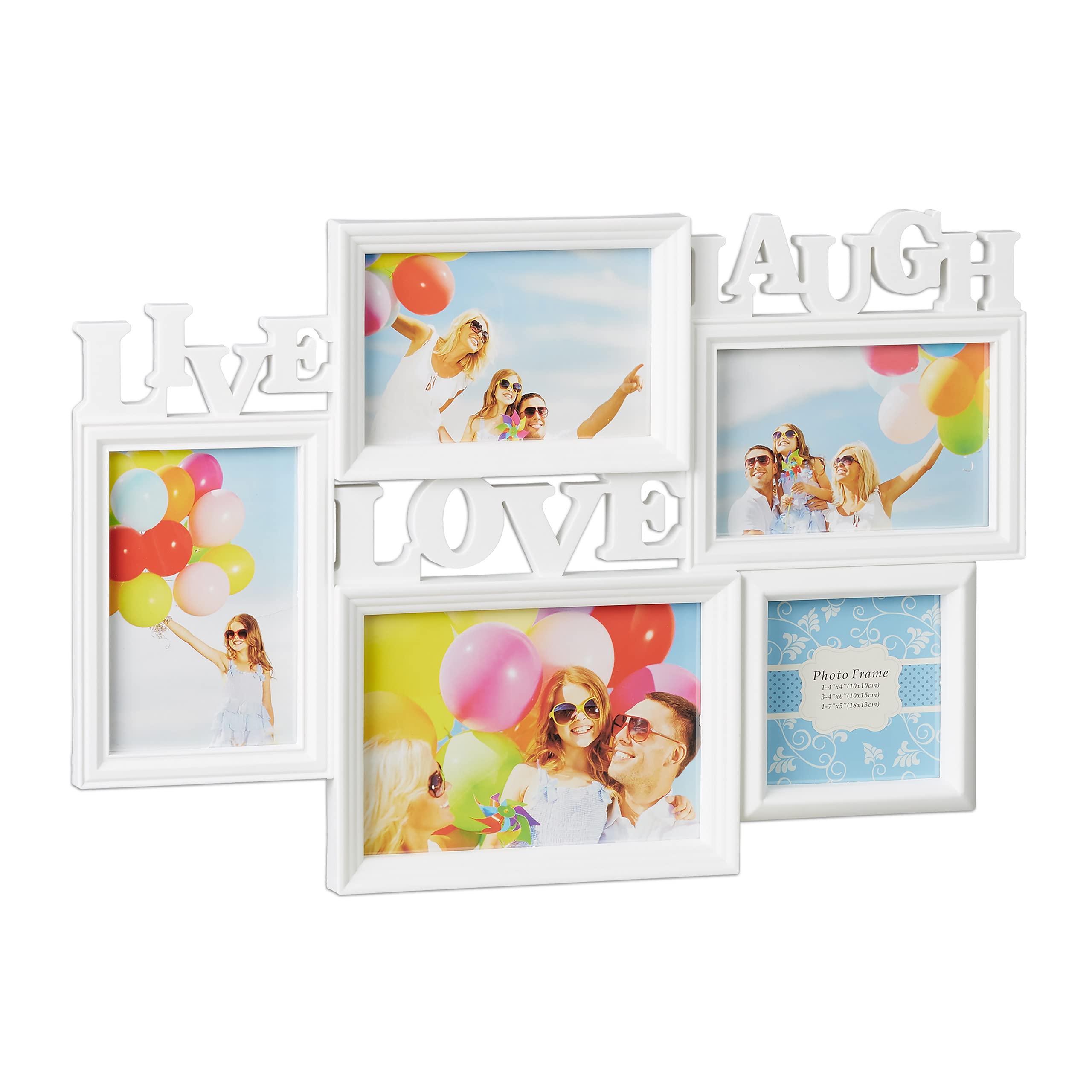 Relaxdays Picture Frame Live Love Laugh, Hanging Gallery for 5 Photos in Various Sizes, 3D Collage, 31x45.5, White