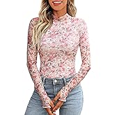 Women's Floral Mesh Long Sleeve Tops - Sheer Lace Mockneck Layering Shirt, Fashion Autumn Leopard Outfits for Valentine