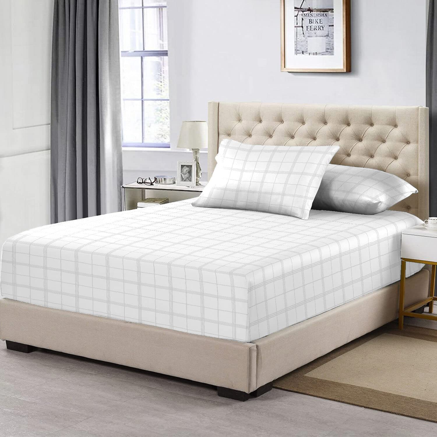 Pizuna 100% Cotton White Big Checks SuperKing Fitted Sheet, 300 Thread Count Long Staple Cotton Damask Bedding, 180x200cm Fitted Sheets with 40 cm Deep Pocket Checked Bedding (Sateen Fitted Sheet)
