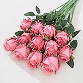 LILUYTO 12Pcs Realistic Fake Dark Pink Roses Faux Flowers with Long Stems, Artificial Silk Rose Flowers for Valentines Day Home Wedding Decor Bridal Bouquet