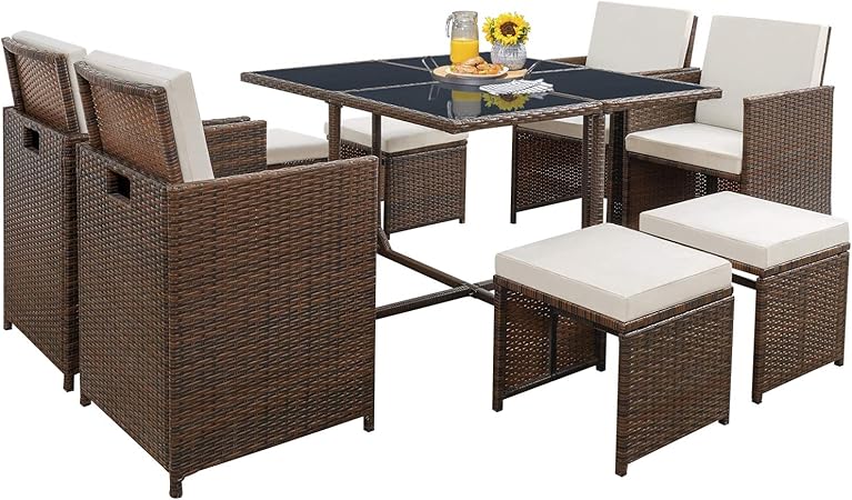 Amazon Com Tuoze 9 Pieces Patio Furniture Dining Sets Outdoor Sectional Rattan Patio Conversation Set Space Saving Cushioned Sets With Glass Table For Garden Poolside Balcony Brown Garden Outdoor
