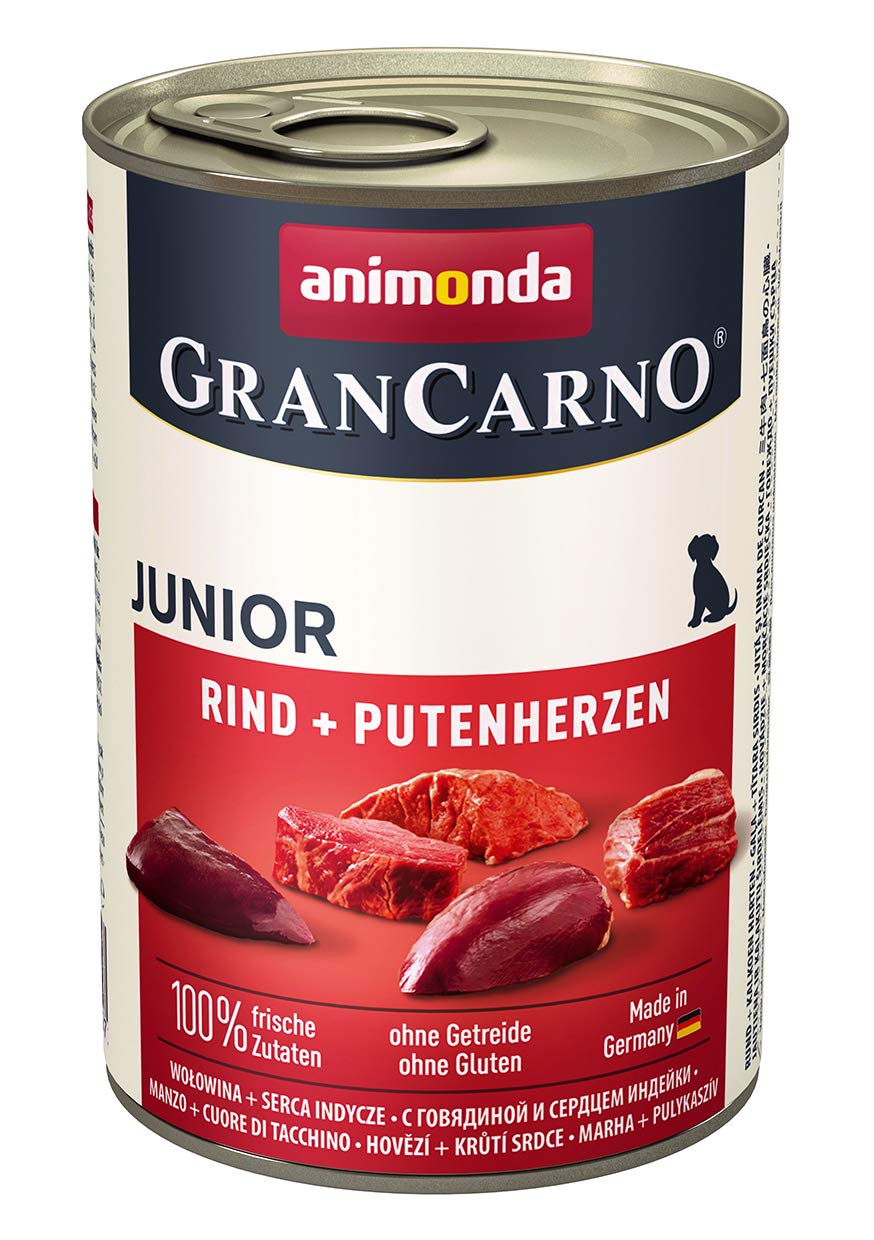 animonda GranCarno Junior dog food, wet food for growing dogs, beef + turkey heart, 6 x 400g