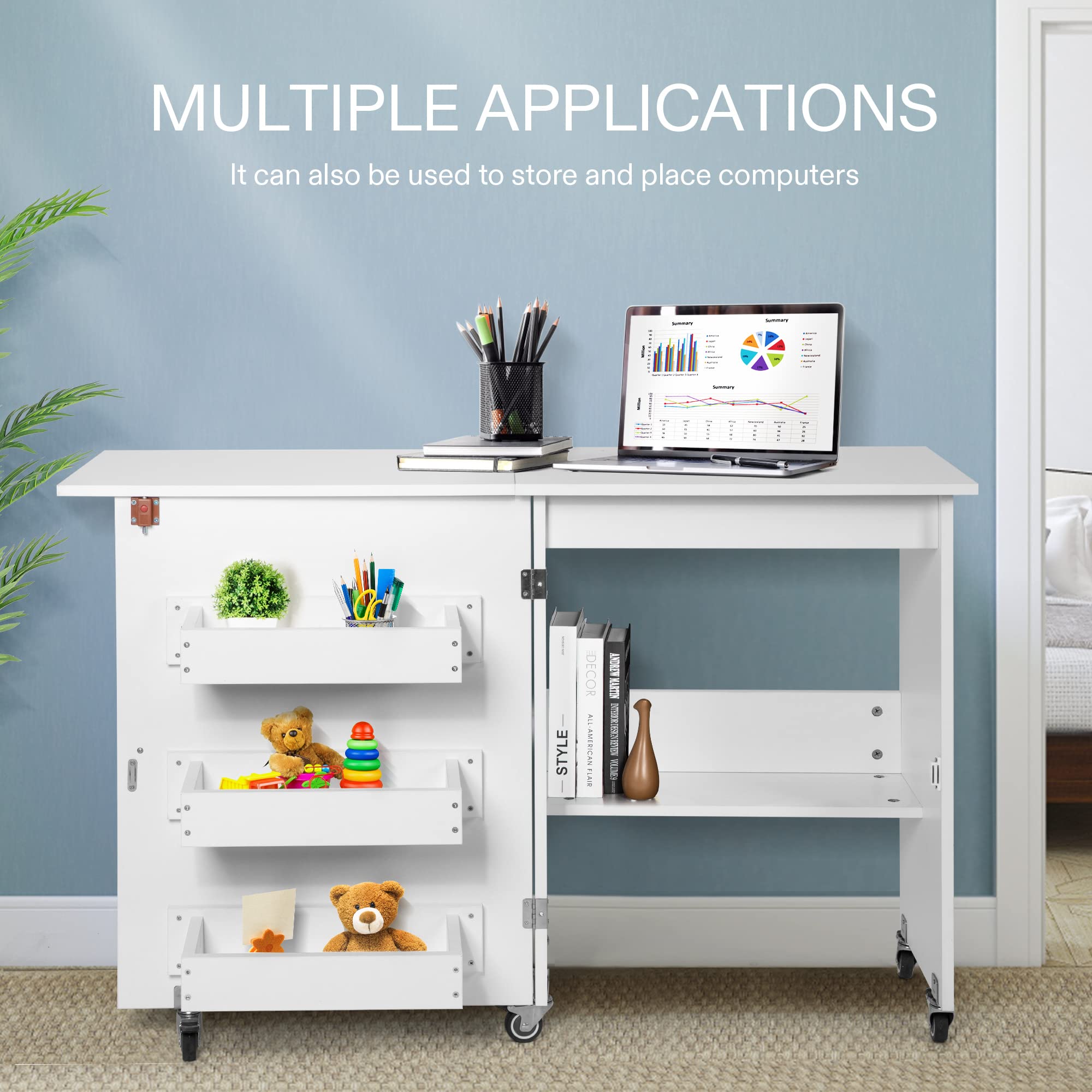 VIVOHOME Folding Sewing Craft Table, Rolling Sewing Machine Desk with Storage Shelves, Sewing Cabinet with Lift for Small Spaces, White