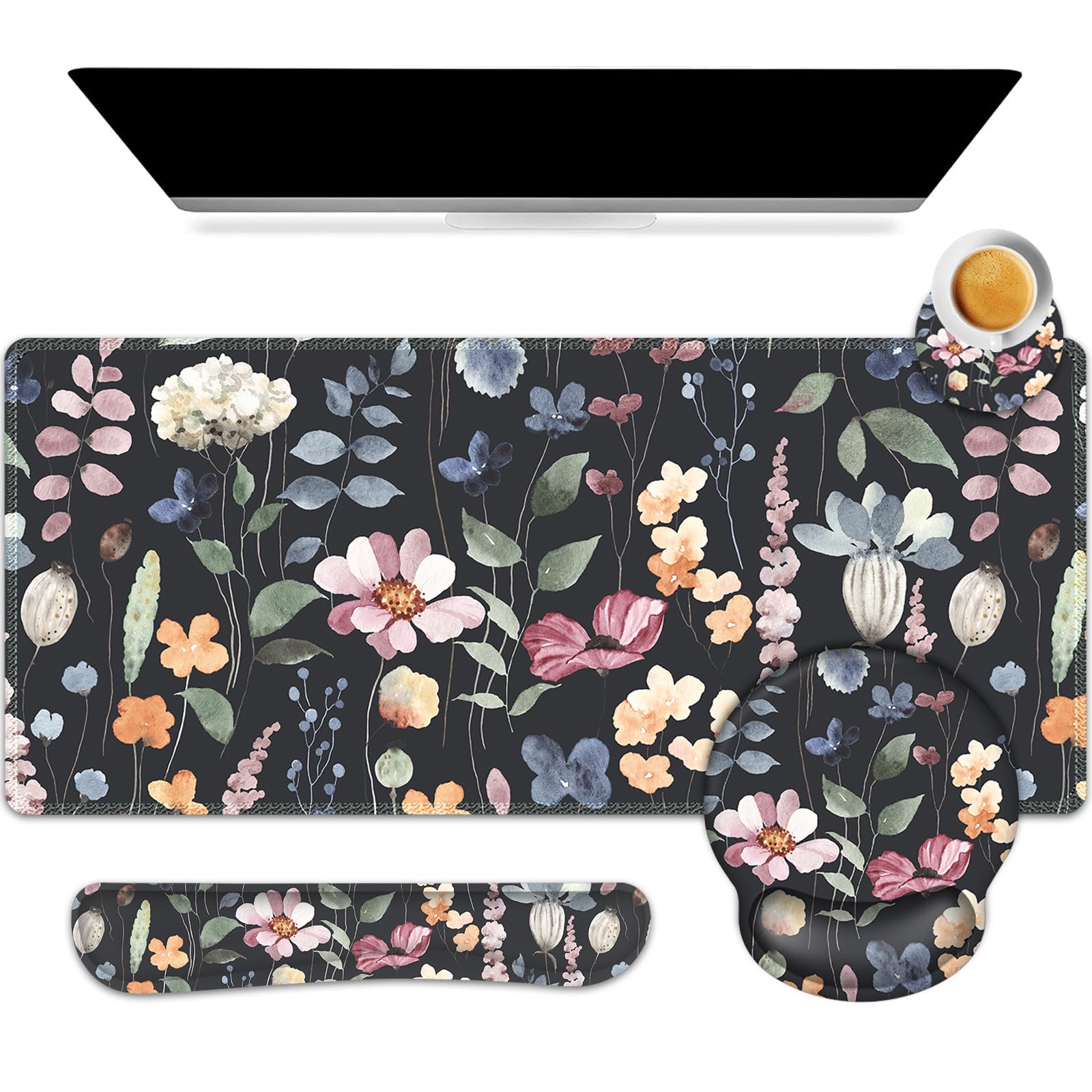Photo 1 of ARTSO Desk Mat, Large Gaming Mouse Pad Wrist Support Set, Ergonomic Keyboard Wrist Rest Desk Pad with Coaster Combo, Extended Mousepad with Non-Slip for Home Office, Flowers Plants