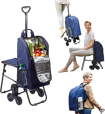 Carro de la Compra con Asiento Plegable – Máxima maniobrabilidad y Comodidad | Sistema de 3 Ruedas, Mango telescópico, Bolsa térmica extraíble | Capacidad 35 l, Ideal para Ancianos y familias