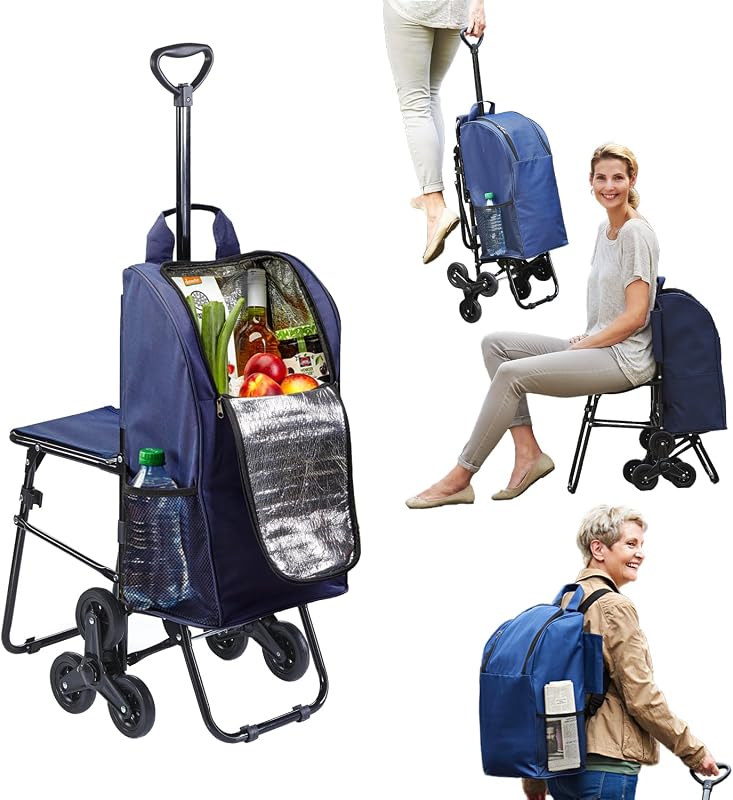 Carro de la Compra con Asiento Plegable – Máxima maniobrabilidad y Comodidad | Sistema de 3 Ruedas, Mango telescópico, Bolsa térmica extraíble | Capacidad 35 l, Ideal para Ancianos y familias