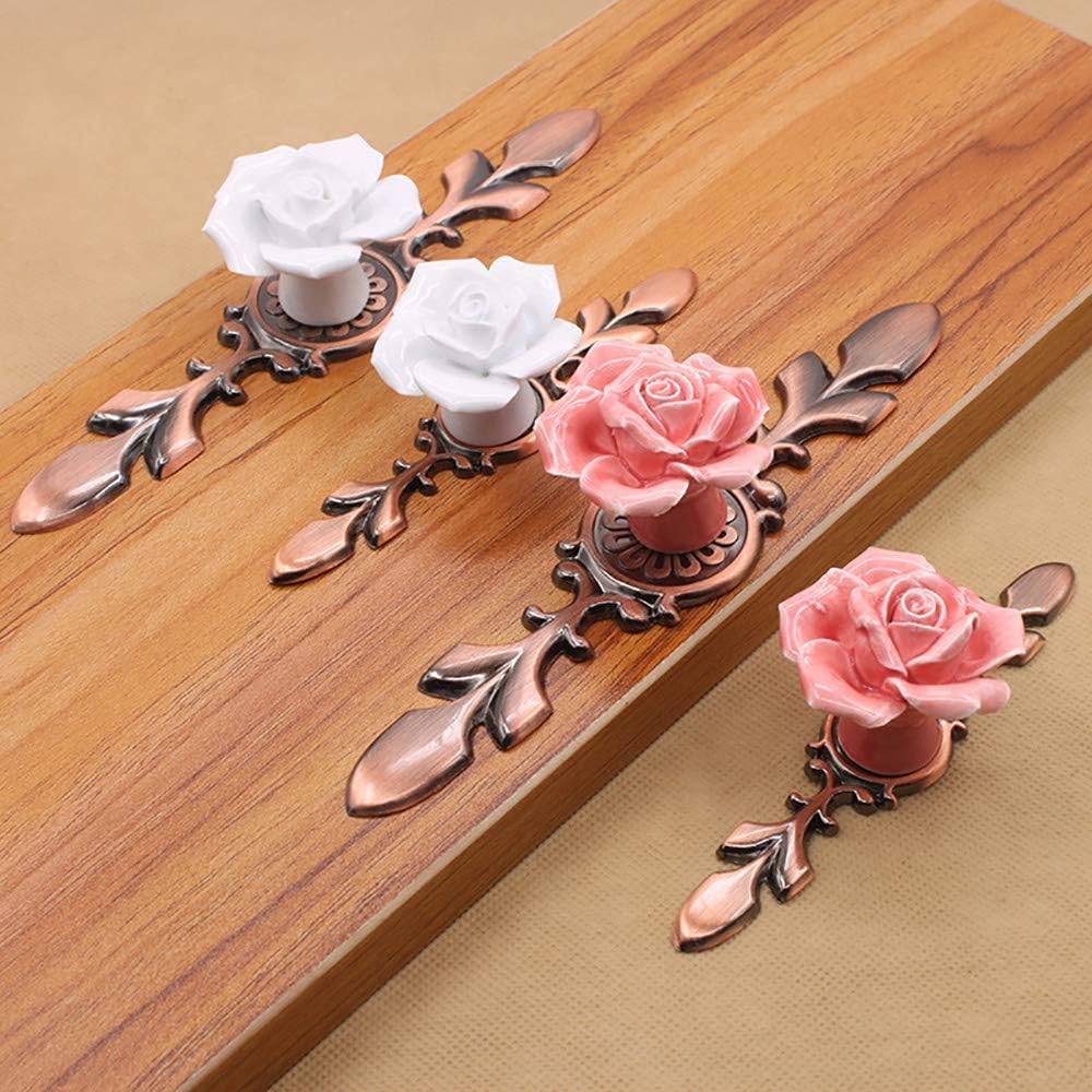 POFET Handle Zinc Alloy Ceramic Rose Single Hole Wardrobe Drawer European Antique Copper 5 Packs, Bronze White Rose - Image 3