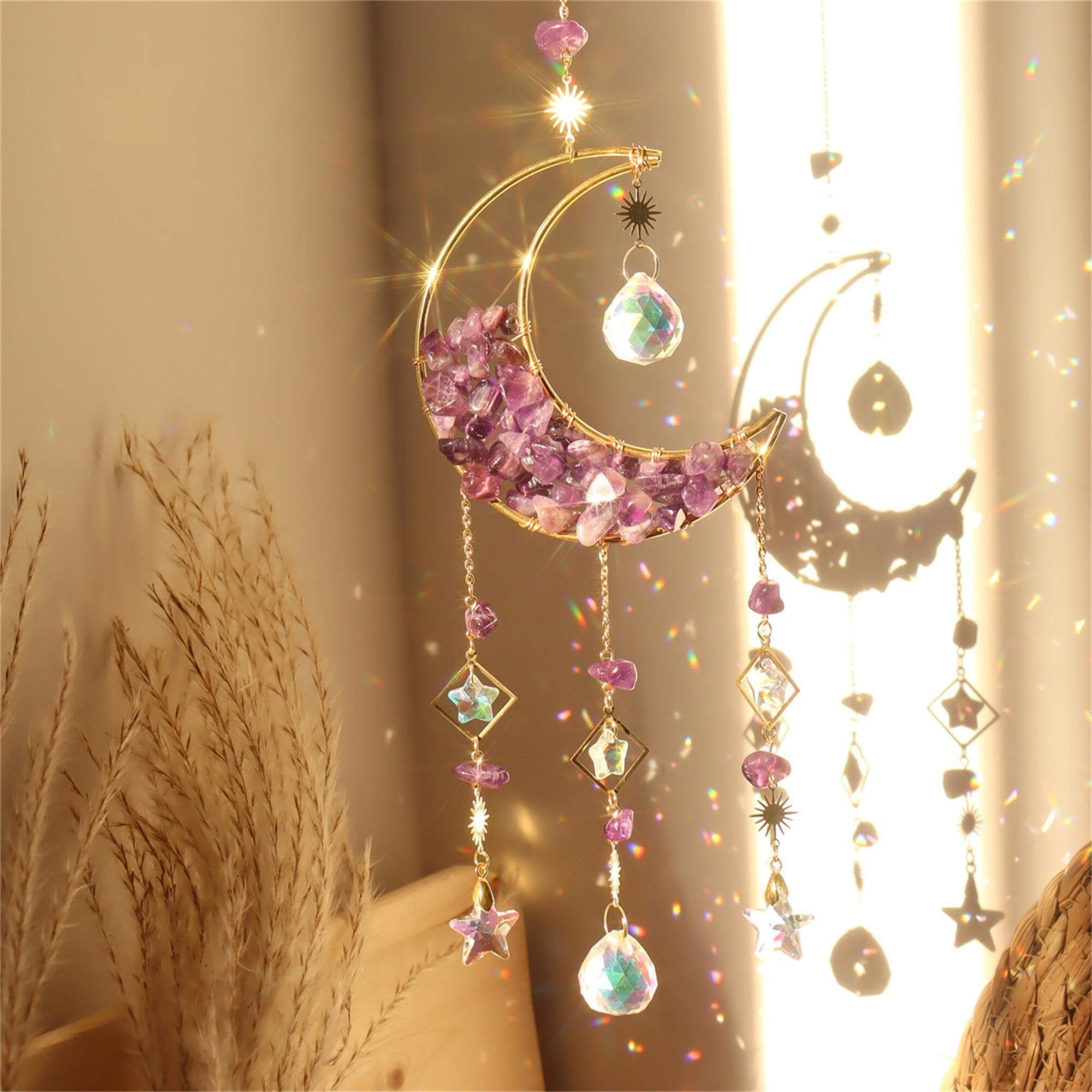 Cnwinu Crystal Suncatcher, Gold Moon Catchers Hanging with Chain Pendant Ornament, Rainbow Sunlight Deco, Wind Chimes for Window Bedroom Car Home Garden Party Decorations (Hourglass Moon Purple)