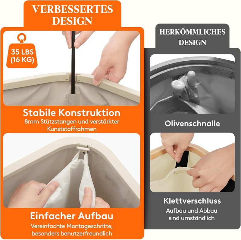 105L Wäschekorb mit Deckel, faltbarer Wäschesammler, Beige