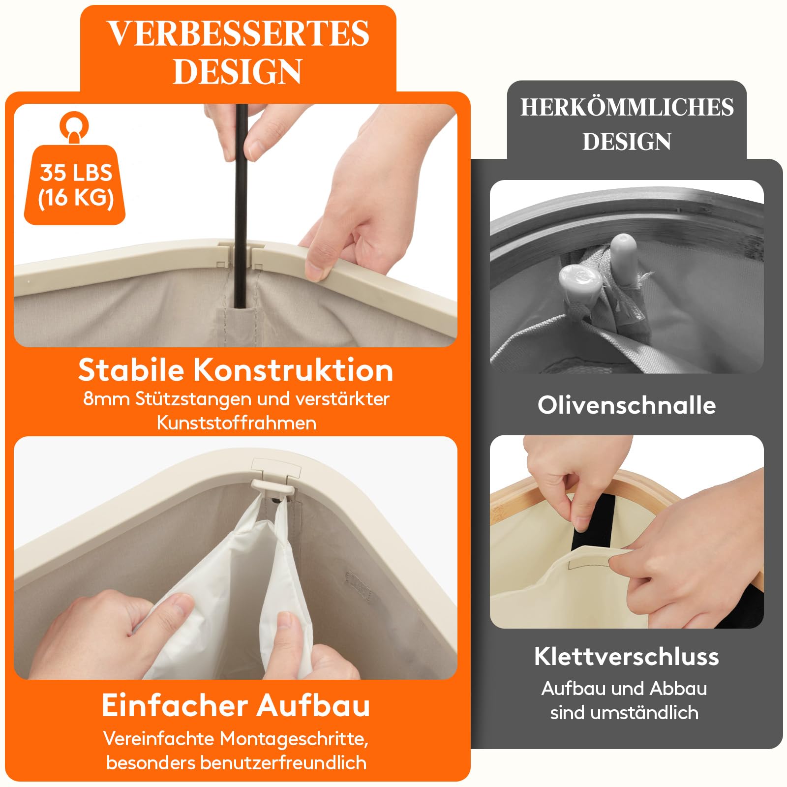 Lifewit 105L Wäschekorb mit Deckel, hoher Wäschekorb mit Kunststoffrahmen, faltbarer großer Wäschekorbsammler, Wäschekörbe für Schlafzimmer, Bad, Beige 4