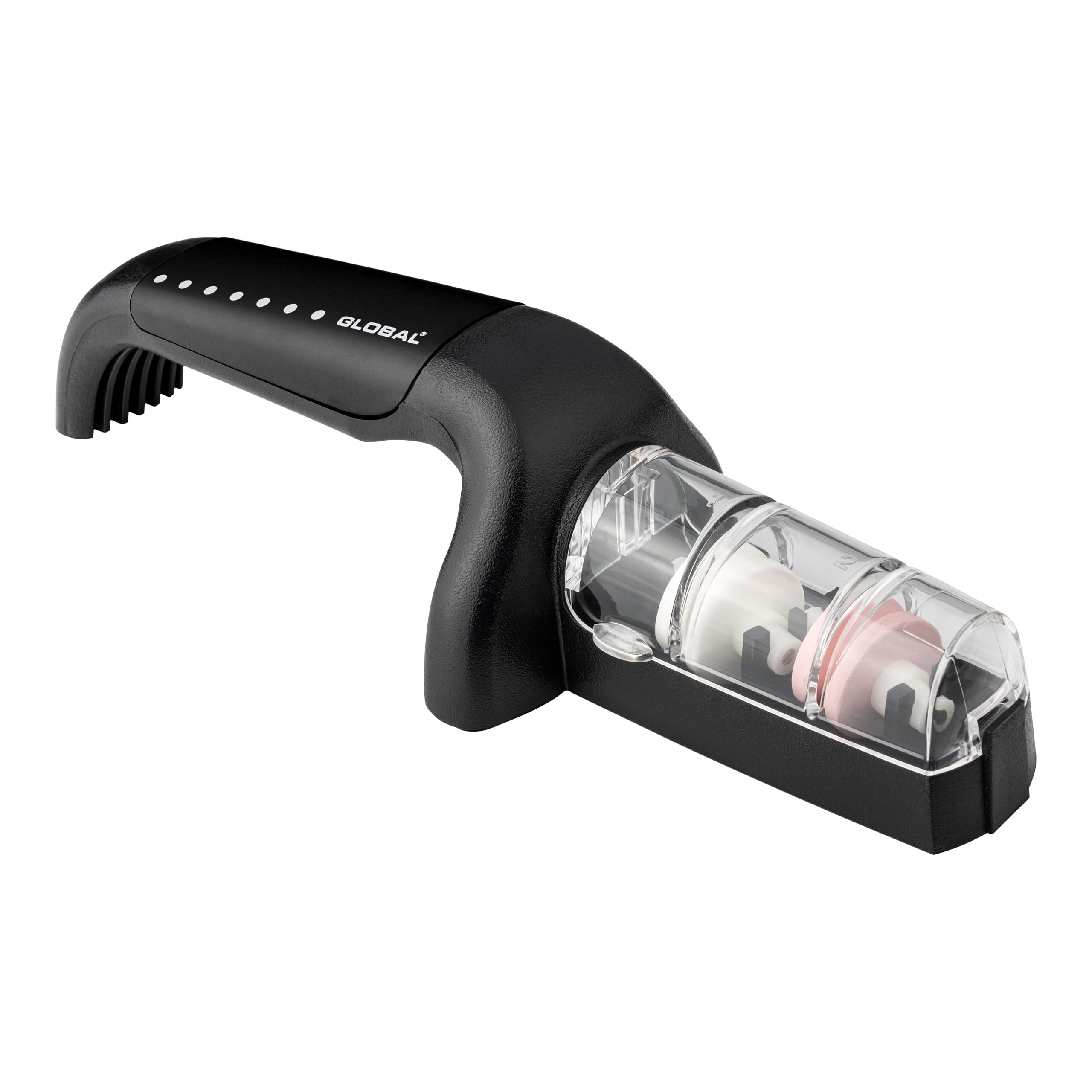 Global Ceramic Pull-Through Water Knife Sharpener G-91/BW, 2 Stage Knife Sharpener Coarse & Fine Wheels for Sharpening Knives, Black, Sharp Kitchen Knife Edge Maintenance, Made in Japan