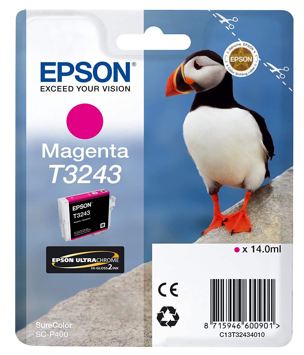 Epson C13T32434010 Ink Cartridge for Printer, Magenta, Genuine
