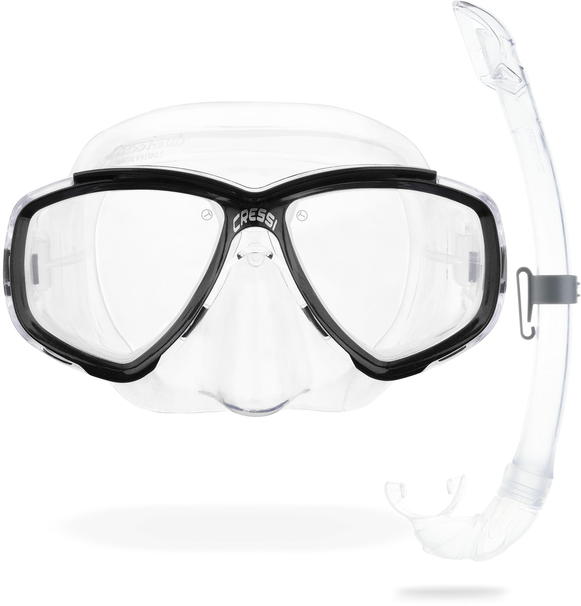 Cressi Perla Separate Glass Mask & Snorkel Set - Dry-Top Snorkel - Low-Volume Fit for Scuba - Quick Buckles for Diving Mask - Transparent/Black - One Size