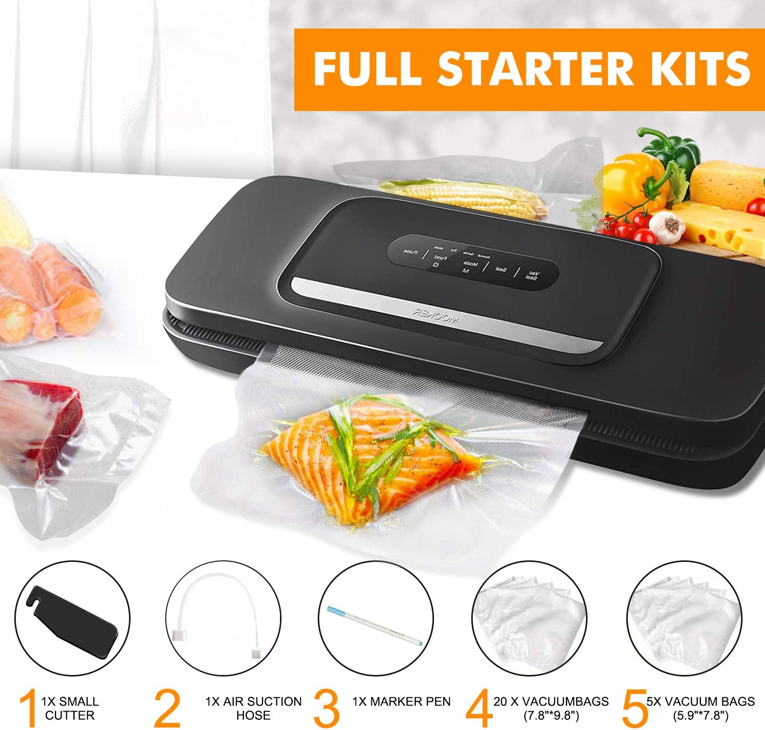 Vacuum Sealer Machine for Food- Automatic Food Sealer for Food Savers w/Starter Kit with 25 Pcs Vacuum Bags, Compact Design with Dry & Moist Food Modes and Led Indicator Lights, Free Your Hands and Easy to Clean（Black）: Kitchen & Dining