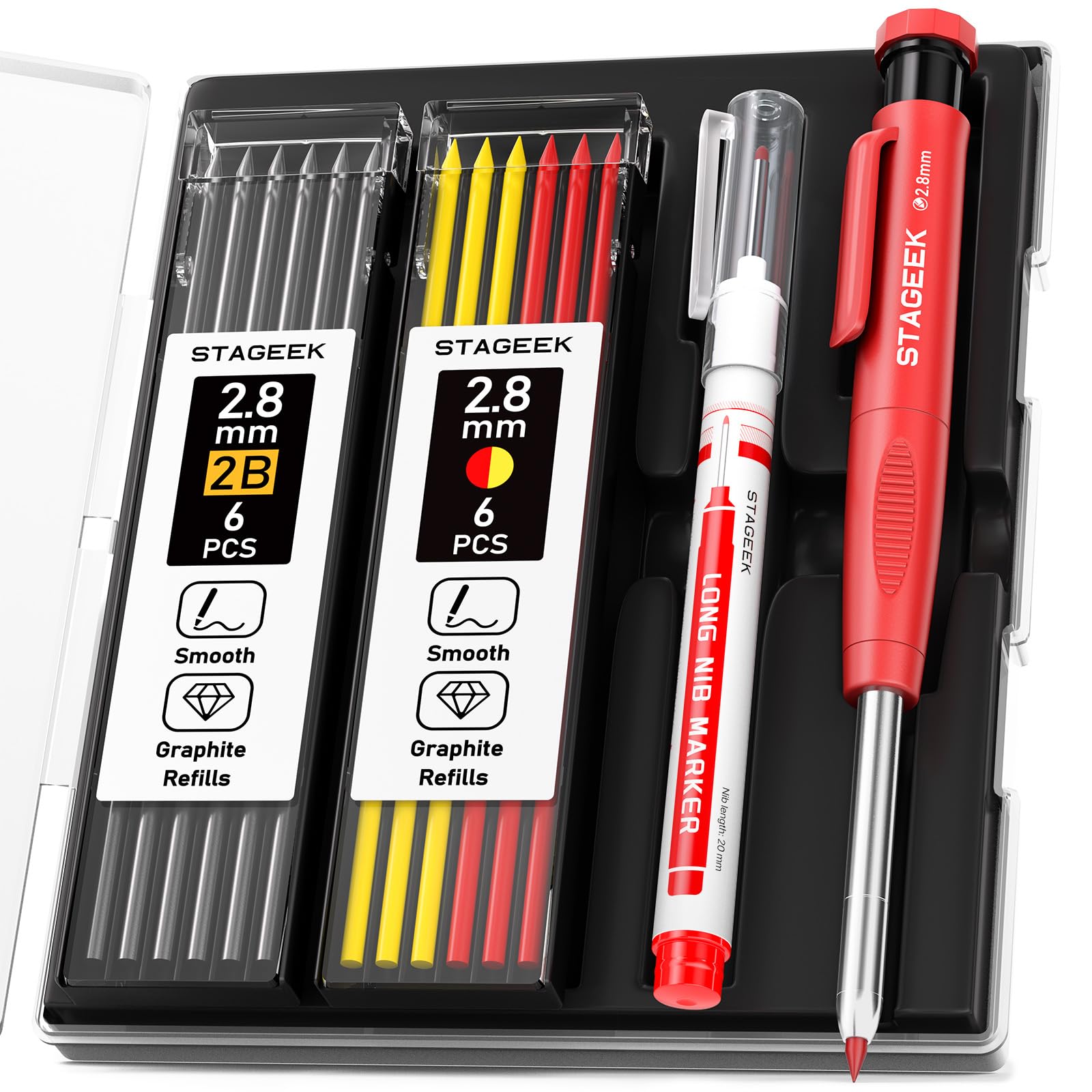 STAGEEK Carpenter Pencil Set with Sharpener, Heavy Duty Woodworking Tools with 13 Refills (Red, Black, Yellow), Construction Pencil and Deep Hole Long Nib Marker Pen for Architect Marking with Case