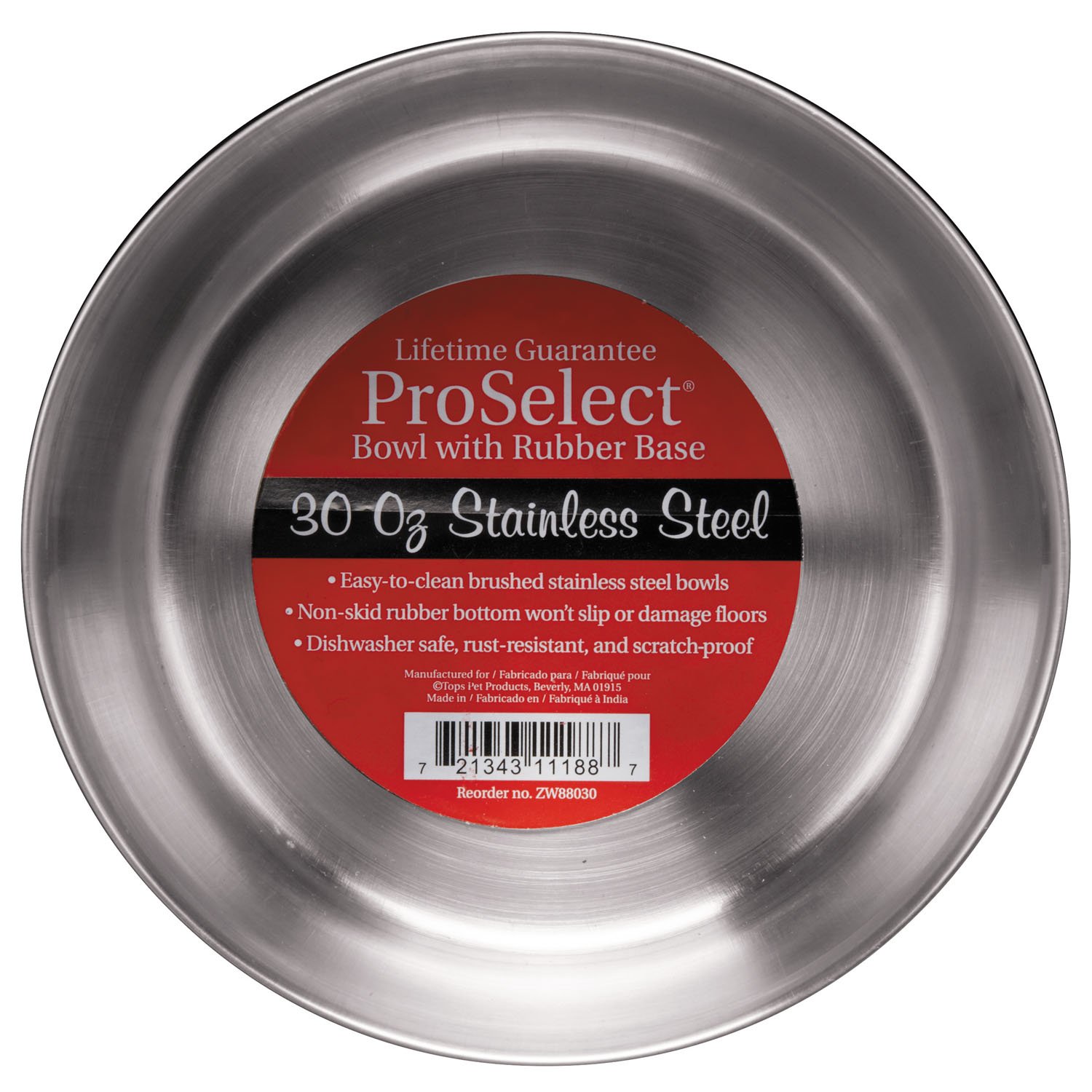 Pro Select Stainless Steel Dog Bowl with Rubber Base Sizes Vary (1 Pack), 30 OZ