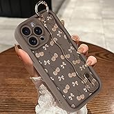 MOWIME Compatible with iPhone 15 Pro Max Case with Finger Strap, [Upgraded] Adjustable Wristband Kickstand Cover for Women Girls, Cherry Bow Shockproof Silicone Protective Case 6.7 Inch, Brown