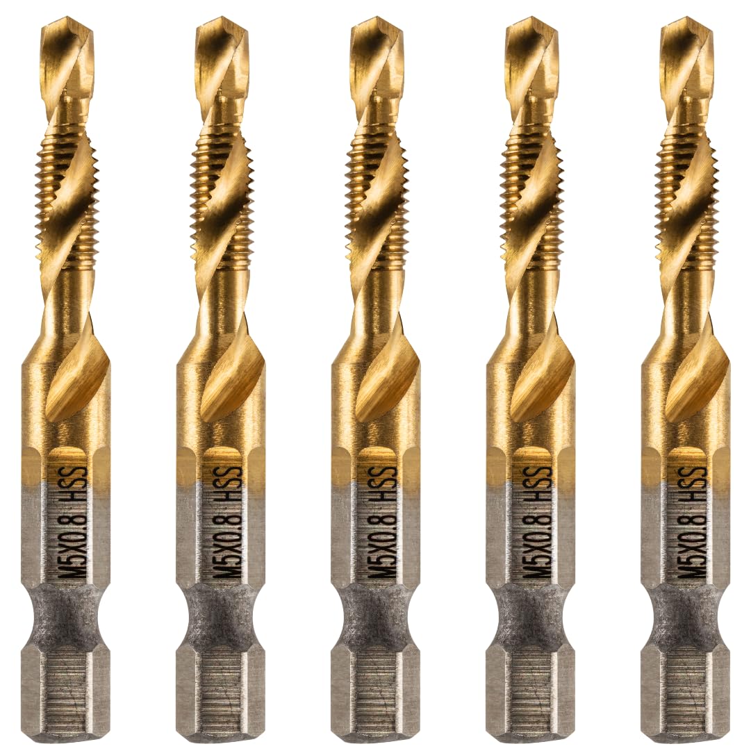 Rennie Tools - Pack Of 5 - M5 x 0.8 Combination Drill and Tap Bit, 1/4" Hex Shank. Metric Coarse Titanium Coated HSS Spiral Flute Drilling Tapping Tool. 5mm x 0.8mm Pitch Drill Bit.