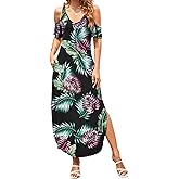 HUSKARY Women's Summer Maxi Dresses V Neck Cold Shoulder Short Sleeve Casual Loose Long Split Dress with Pocket
