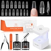 modelones X Nail Gel Kit, Fake Nails Long Coffin, 9-in-One Glue Prep Dehydrator &amp; Portable Mini U V Light Acrylic Clipper, 500Pcs Coffin Tips for Extension Kit DIY Salon Home Gift for Women