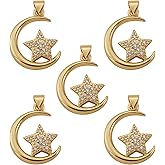 COGCHARGER 5 Pieces Moon with Star Brass Charm Pendants Brass Cubic Zirconia Pendants Real 16K Gold Plated for Jewelry Necklace Bracelet Earring Making